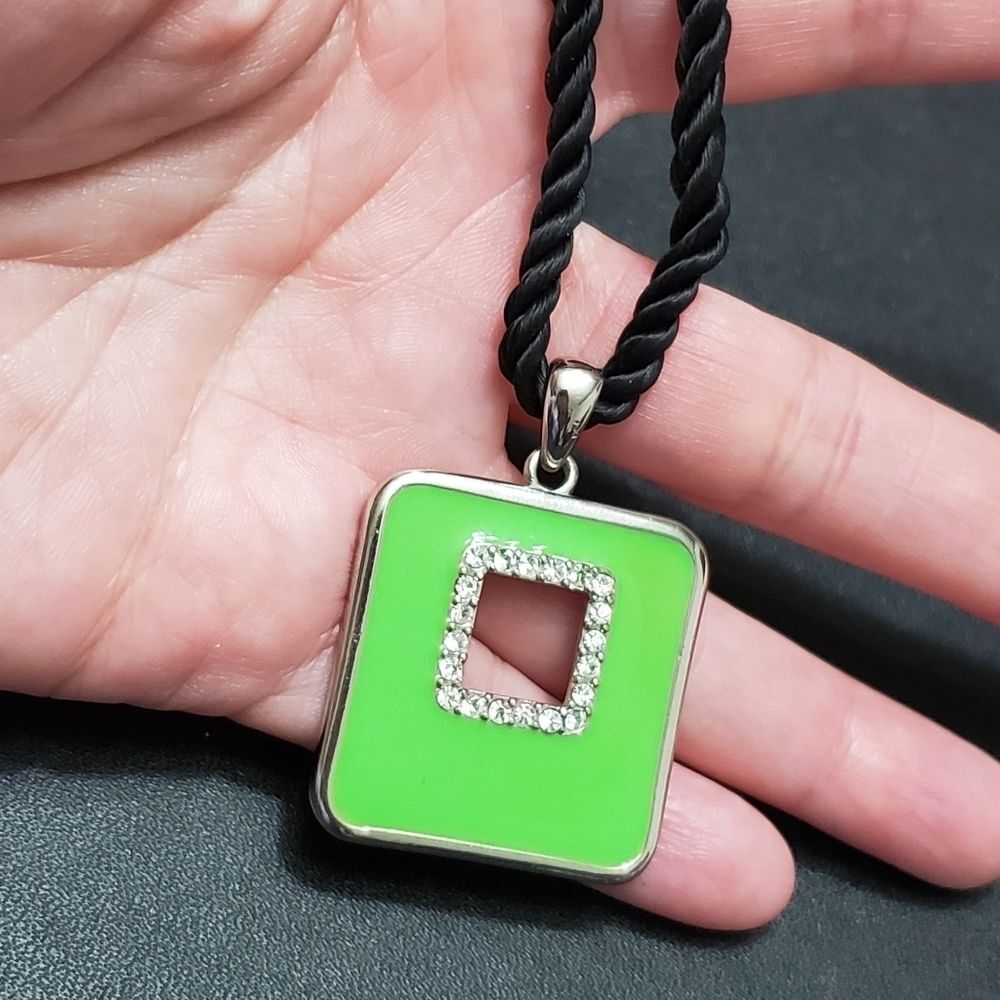 VCLM silver tone green enamel square pendant necklace 19-23"